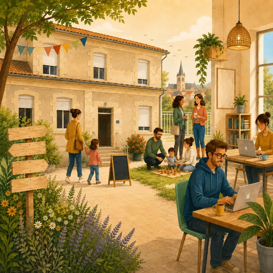 Illustration de la cour et des espaces de coworking de Condat, avec des familles et des habitants